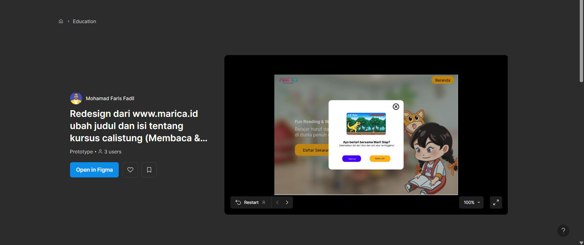 Design Figma Redesign dari www.marica.id ubah judul dan isi tentang kursus calistung (Membaca & Tulis)
